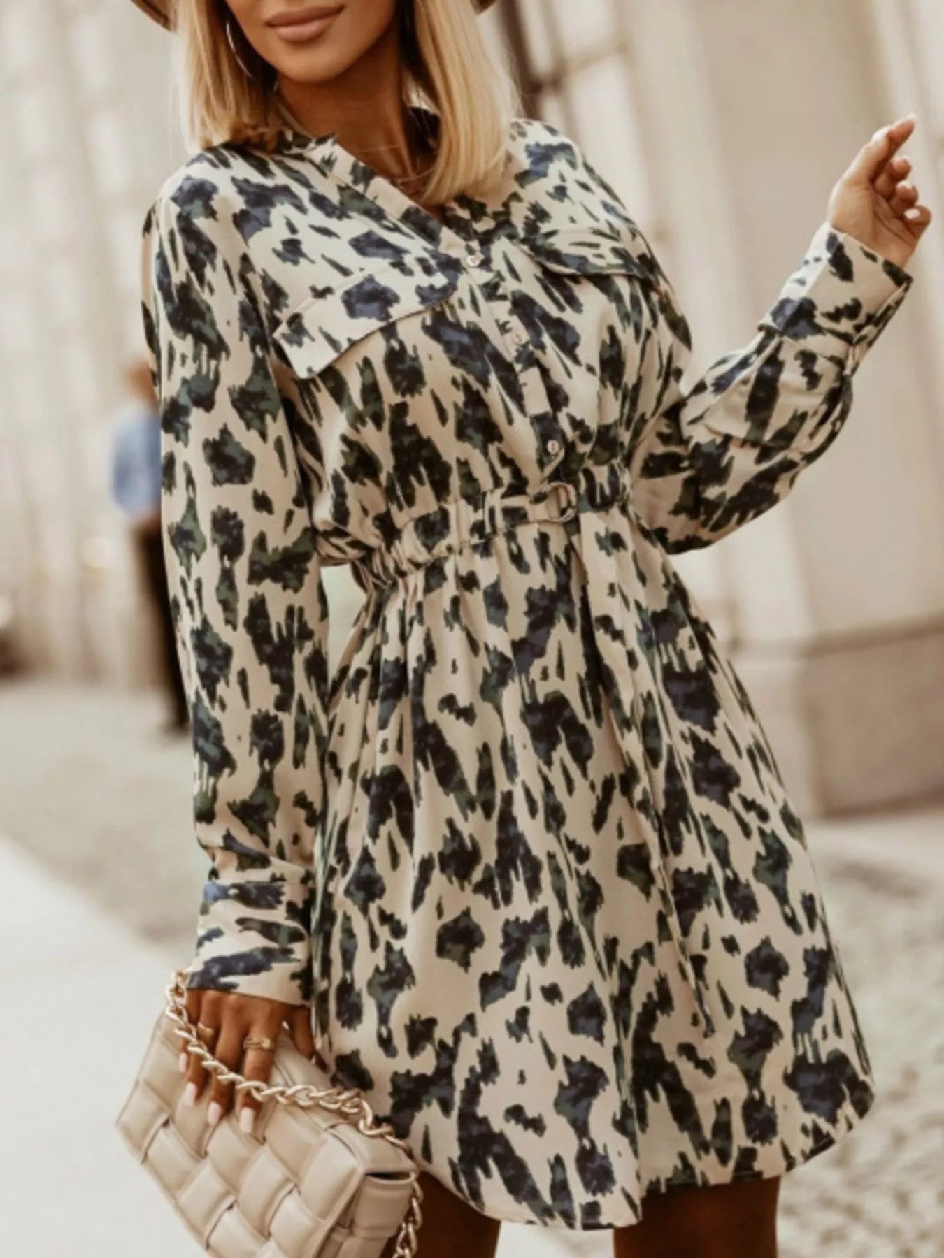 Printed Button Front Long Sleeve Dress 