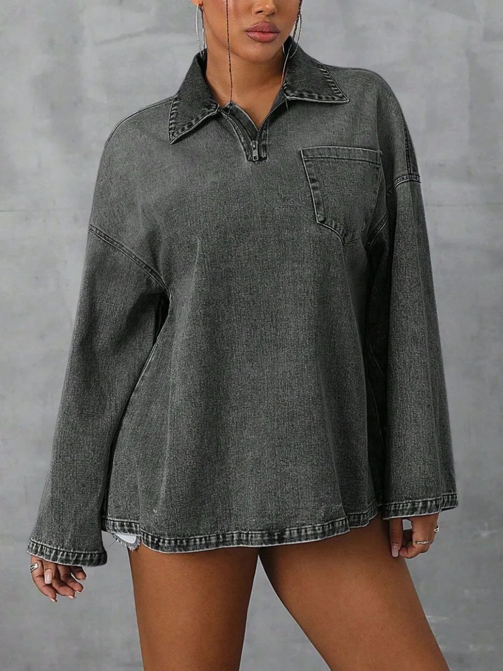 Collared Neck Drop Shoulder Denim Top 