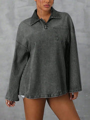Collared Neck Drop Shoulder Denim Top 