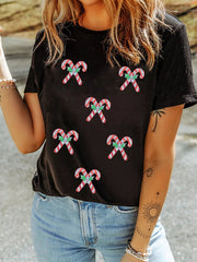 Holly Candy Cane Christmas Sequin Short Sleeve T Shirt 