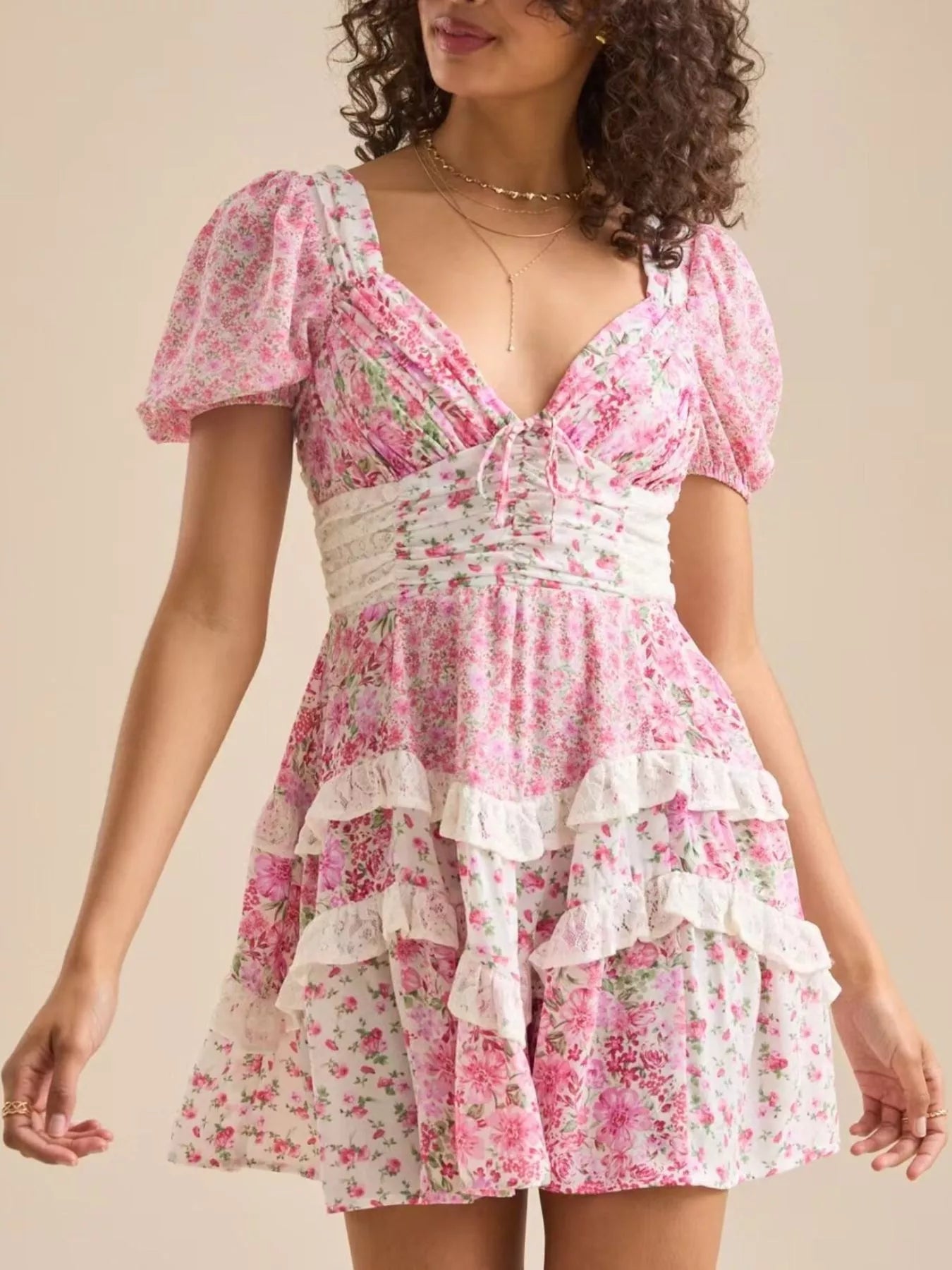 Floral Puff Sleeve Tiered Mini Dress 