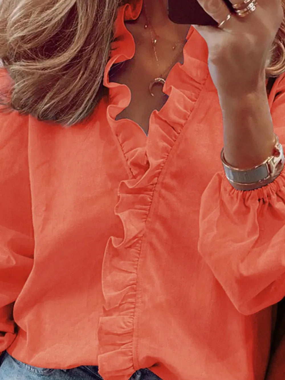 Ruffled V-Neck Long Sleeve Blouse 