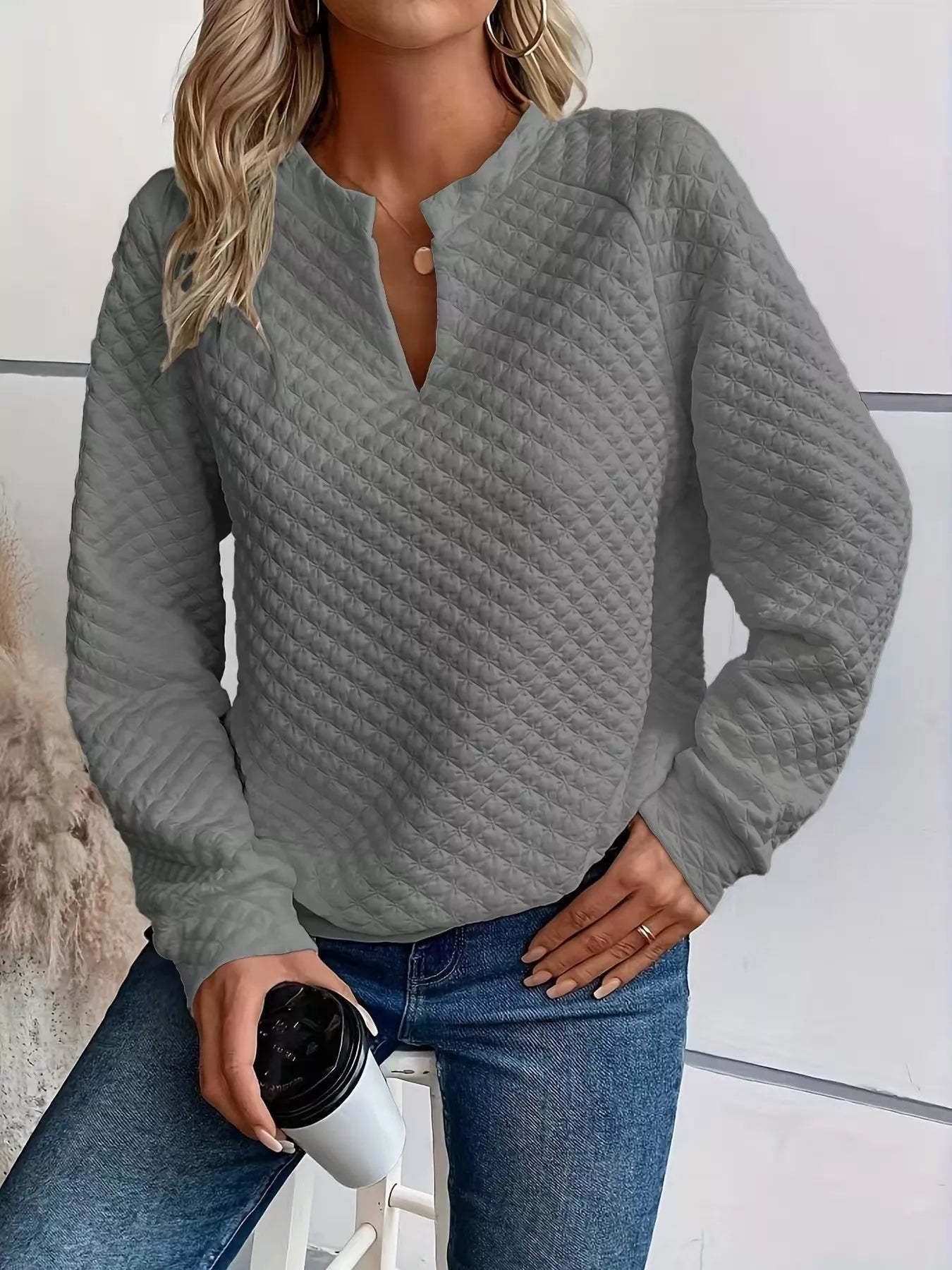 Textured Notched Raglan Sleeve Sweatshirt 