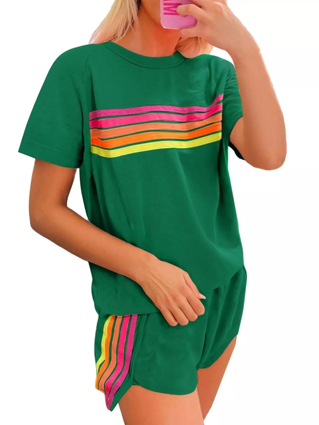 Rainbow Striped Round Neck Top and Shorts Set 