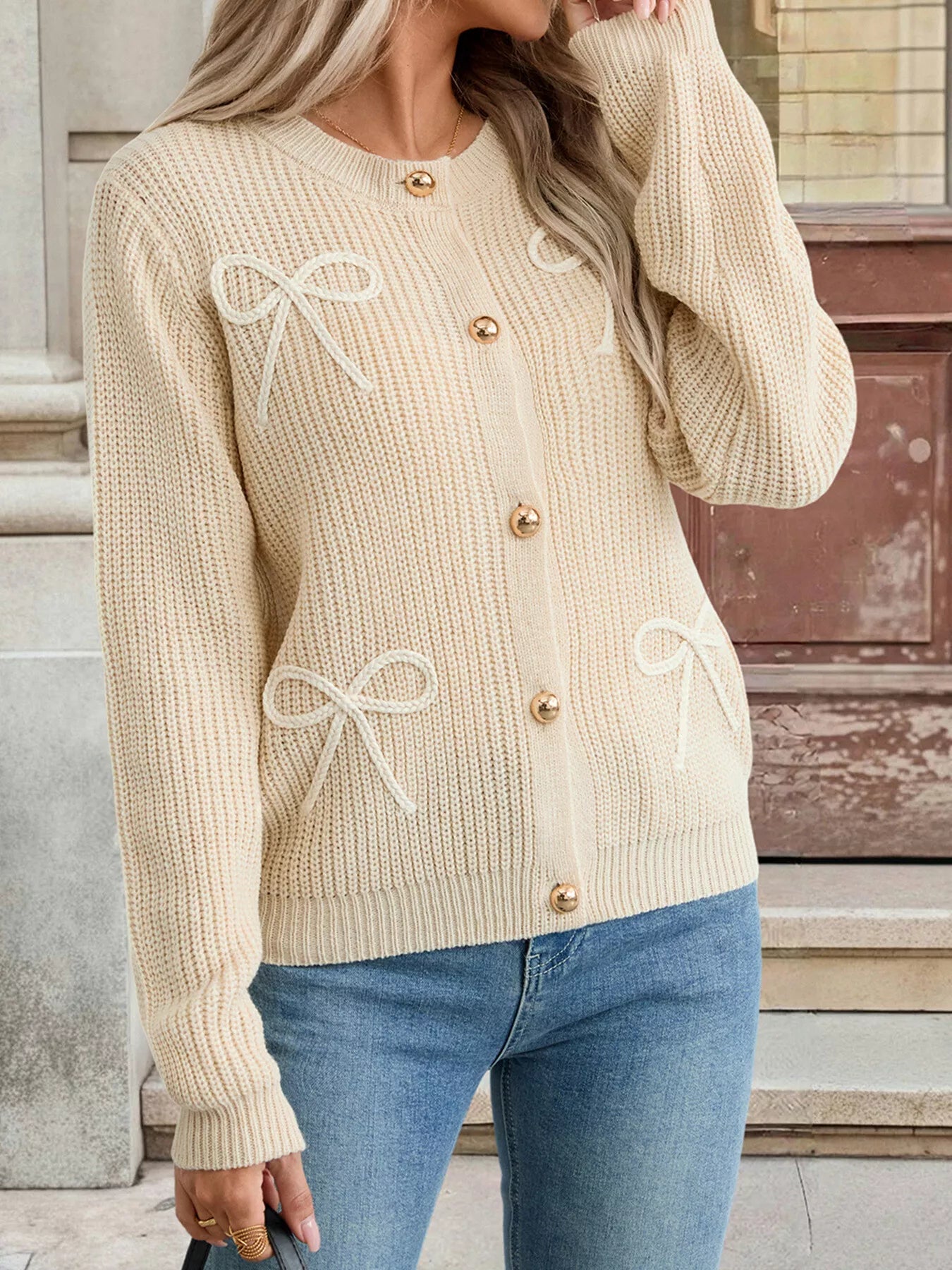 Bow Button Up Long Sleeve Cardigan 