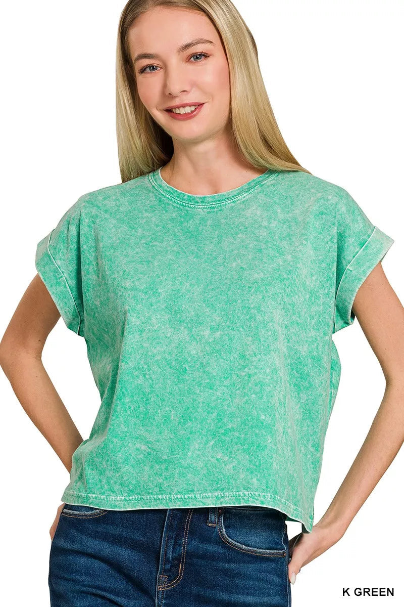 Zenana Halo Washed Cotton Cuffed Short Sleeve Top 