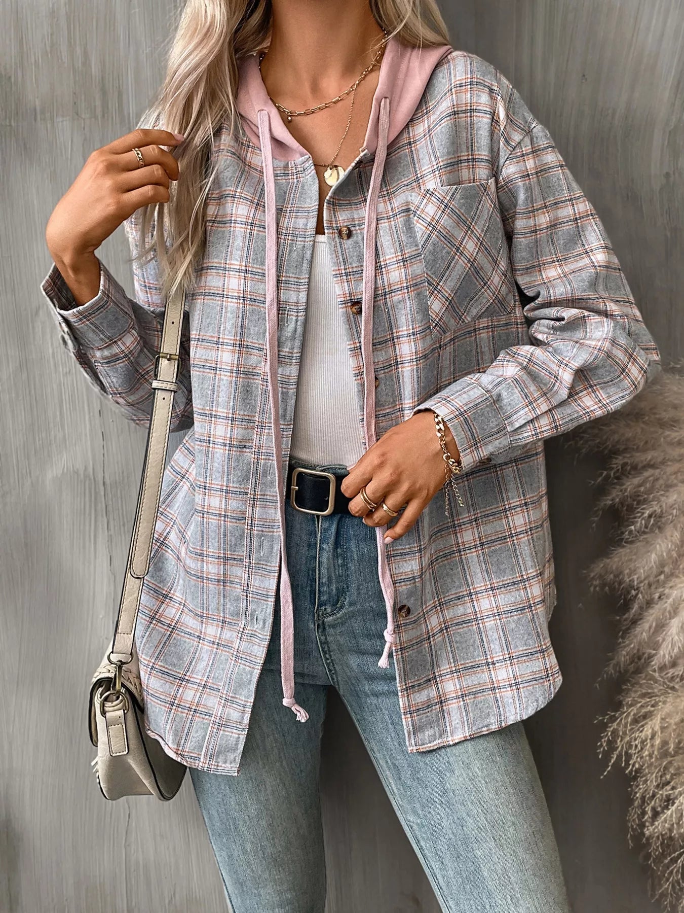 Plaid Button-Up Hooded Shirt with Chest Pocket 