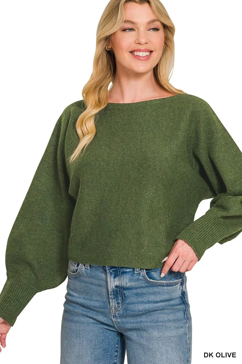 Zenana Boat Neck Balloon Sleeve Sweater 
