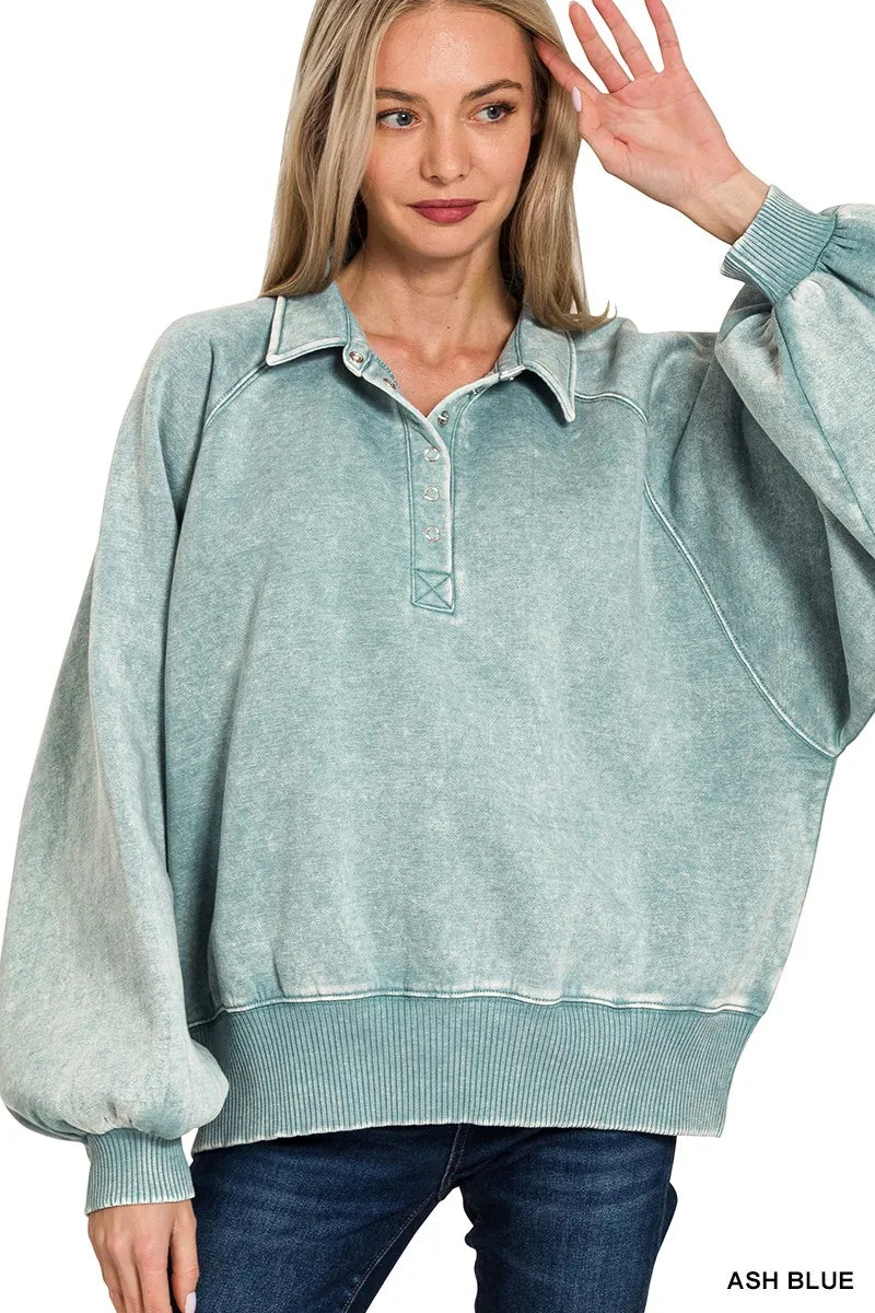 Zenana Acid Wash Fleece Collared Sweatshirt 