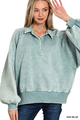 Zenana Acid Wash Fleece Collared Sweatshirt 