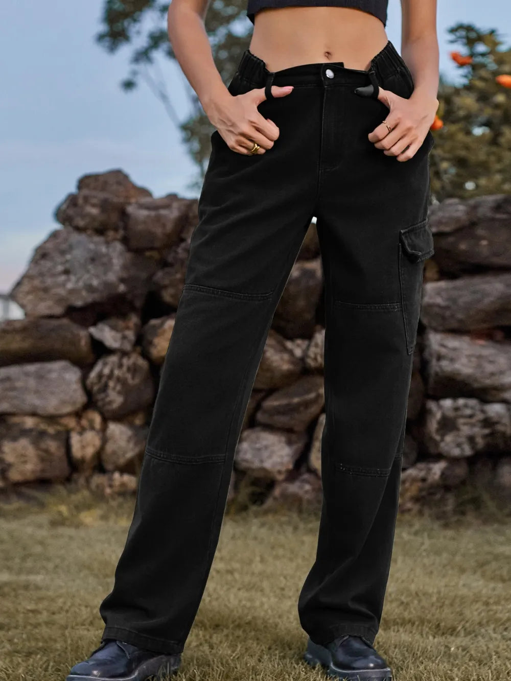 High Waist Cargo Straight Jeans 