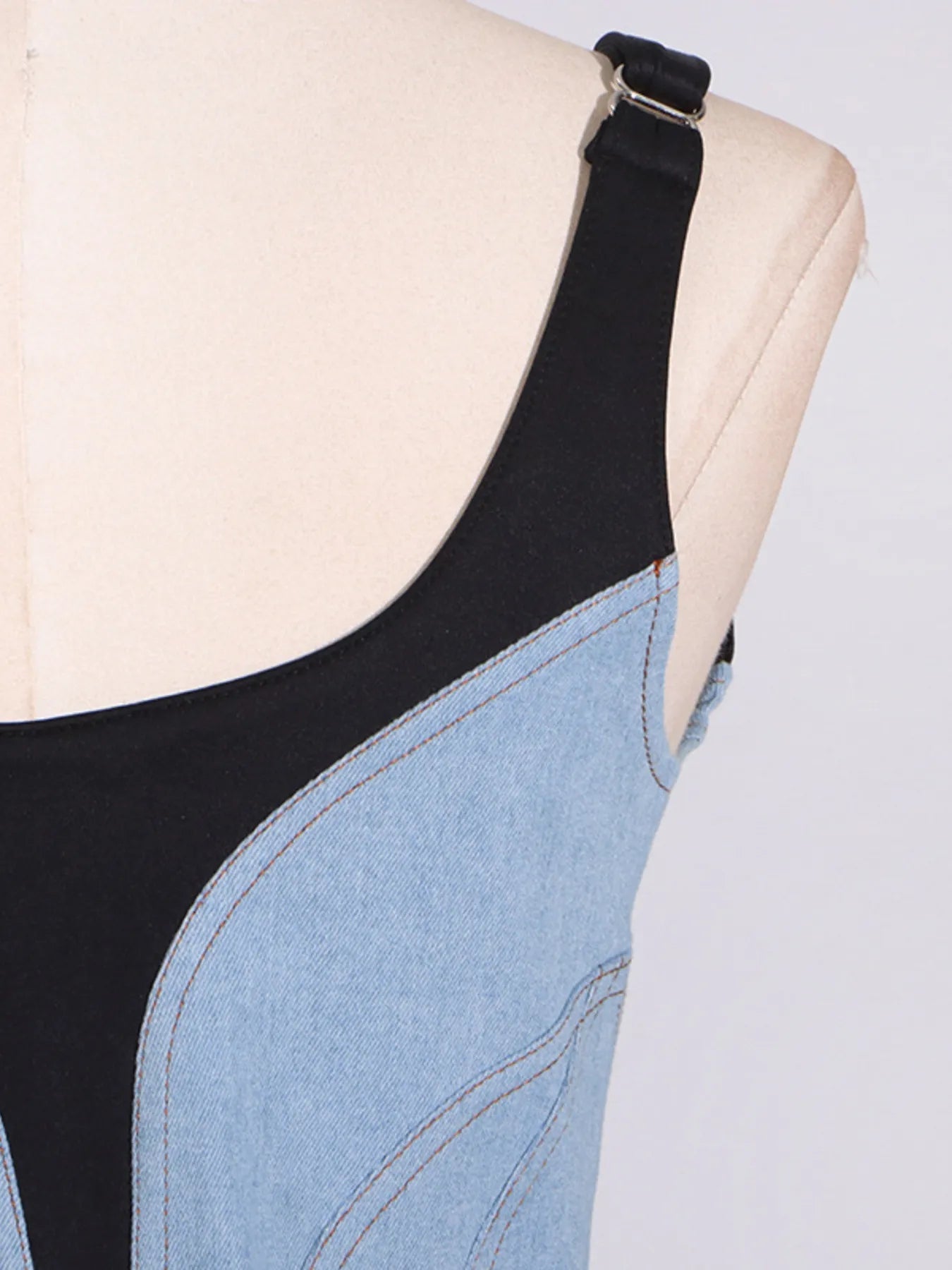 Contrast Adjustable Strap Denim Dress 