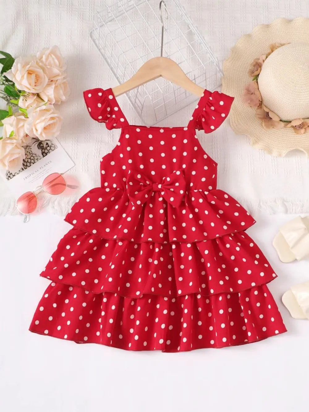 Bow Polka Dot Square Neck Layered Dress 