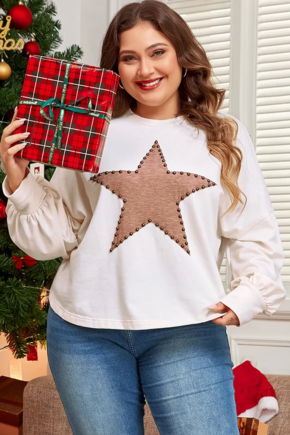 Plus Size Studded Star Round Neck Long Sleeve Blouse 