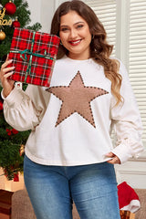 Plus Size Studded Star Round Neck Long Sleeve Blouse 