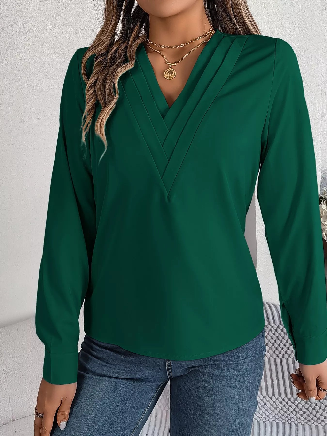 Layered V-Neck Long Sleeve Blouse 