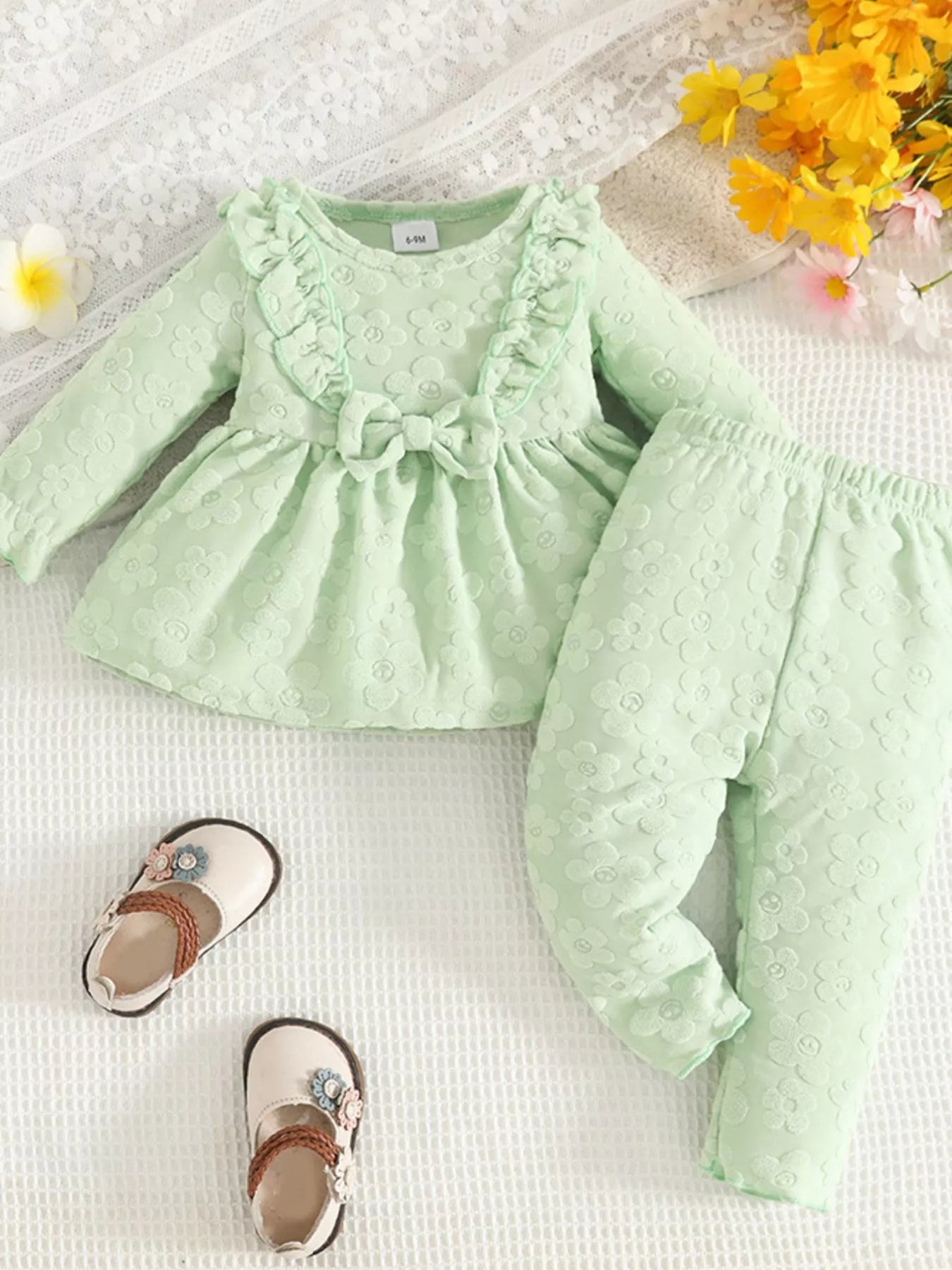 Children's Floral Embossed Ruffle Trim Top and Pants Set 