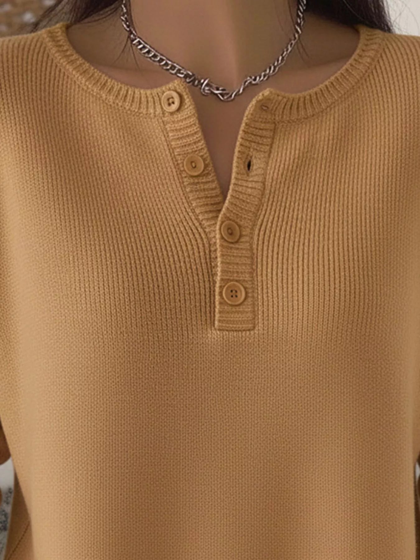 Full Size Half Button Long Sleeve Knit Top Plus Size 