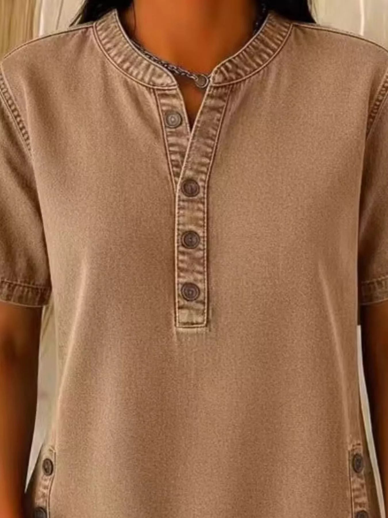 Full Size Button Detail Short Sleeve Blouse Plus Size 
