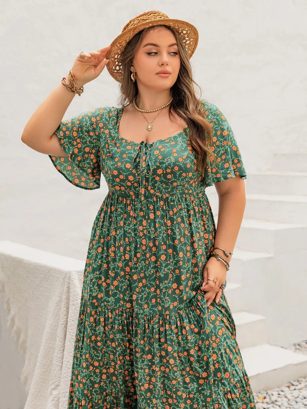 Plus Size Printed Short Sleeve Tiered Maxi Dress 