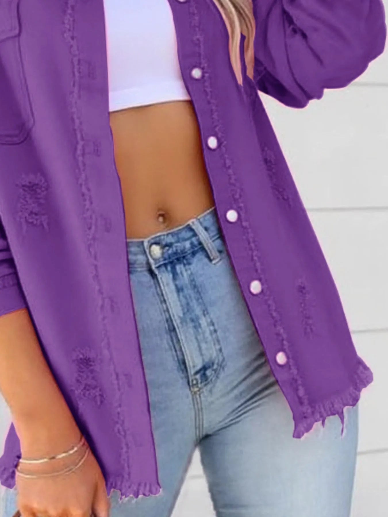Distressed Denim Jacket with Frayed Edges 