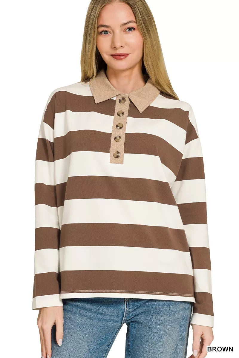 Zenana Striped Contrast Collar Polo Tee 