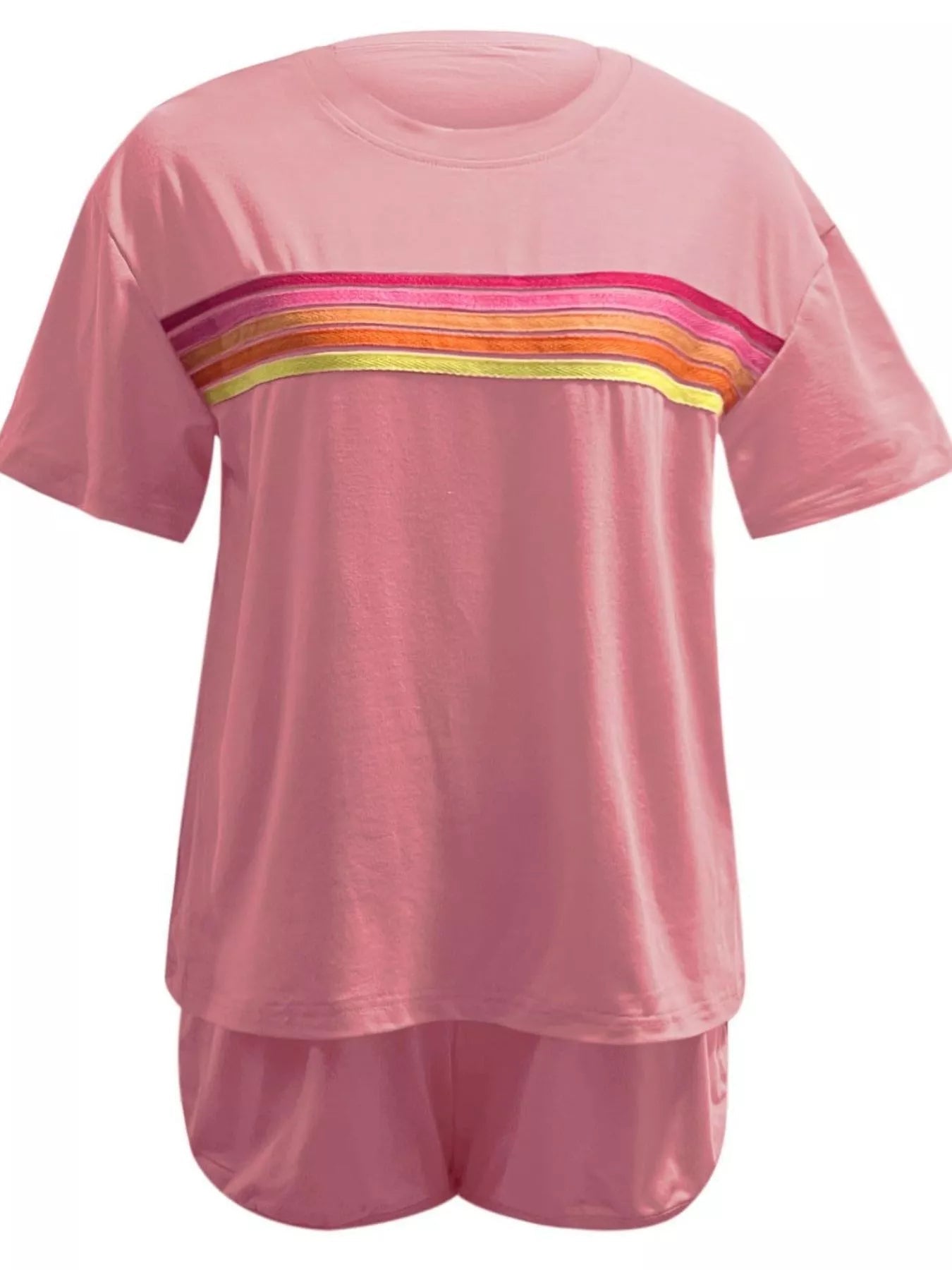 Rainbow Striped Round Neck Top and Shorts Set 