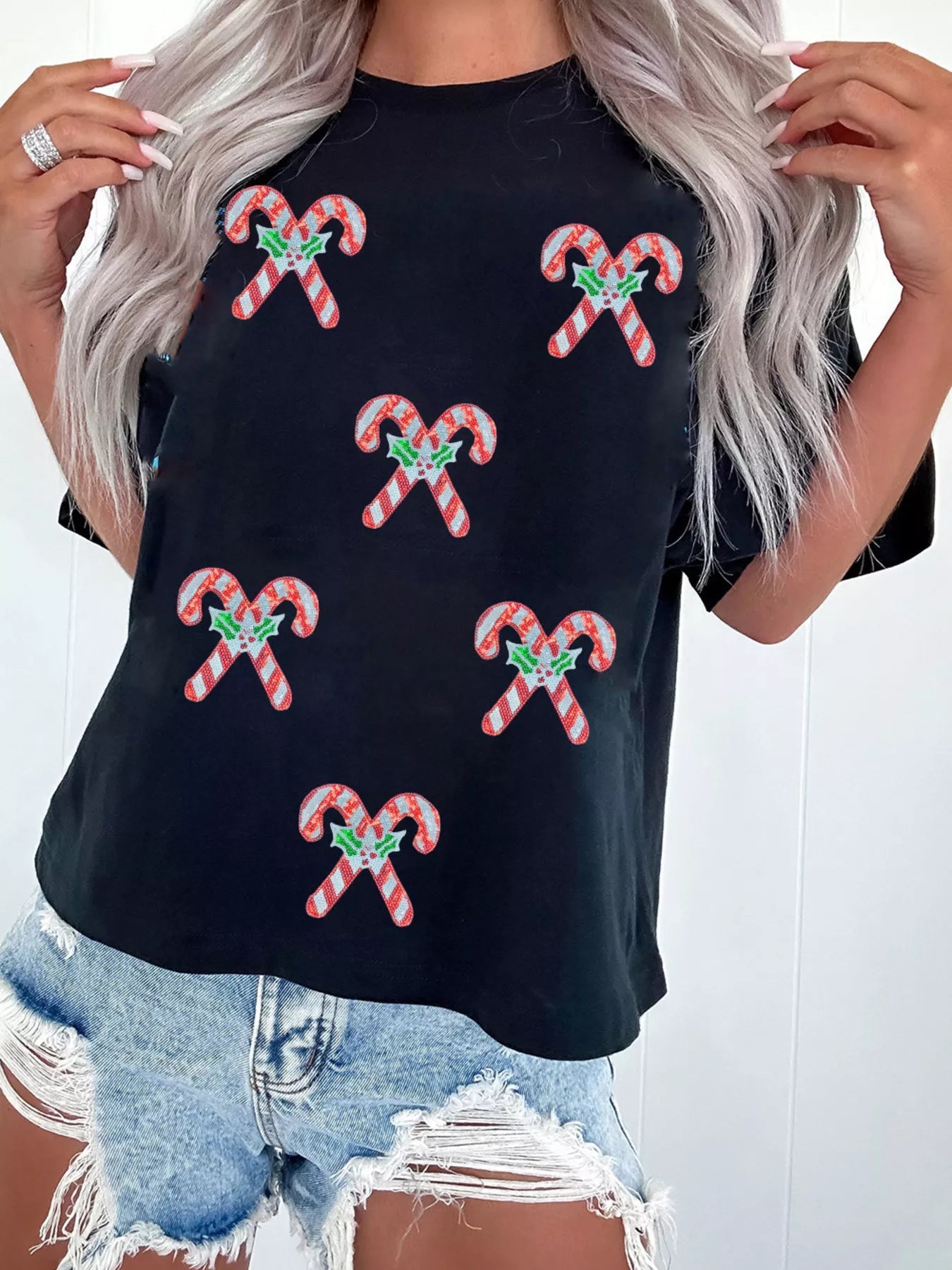 Holly Candy Cane Christmas Sequin Short Sleeve T Shirt 