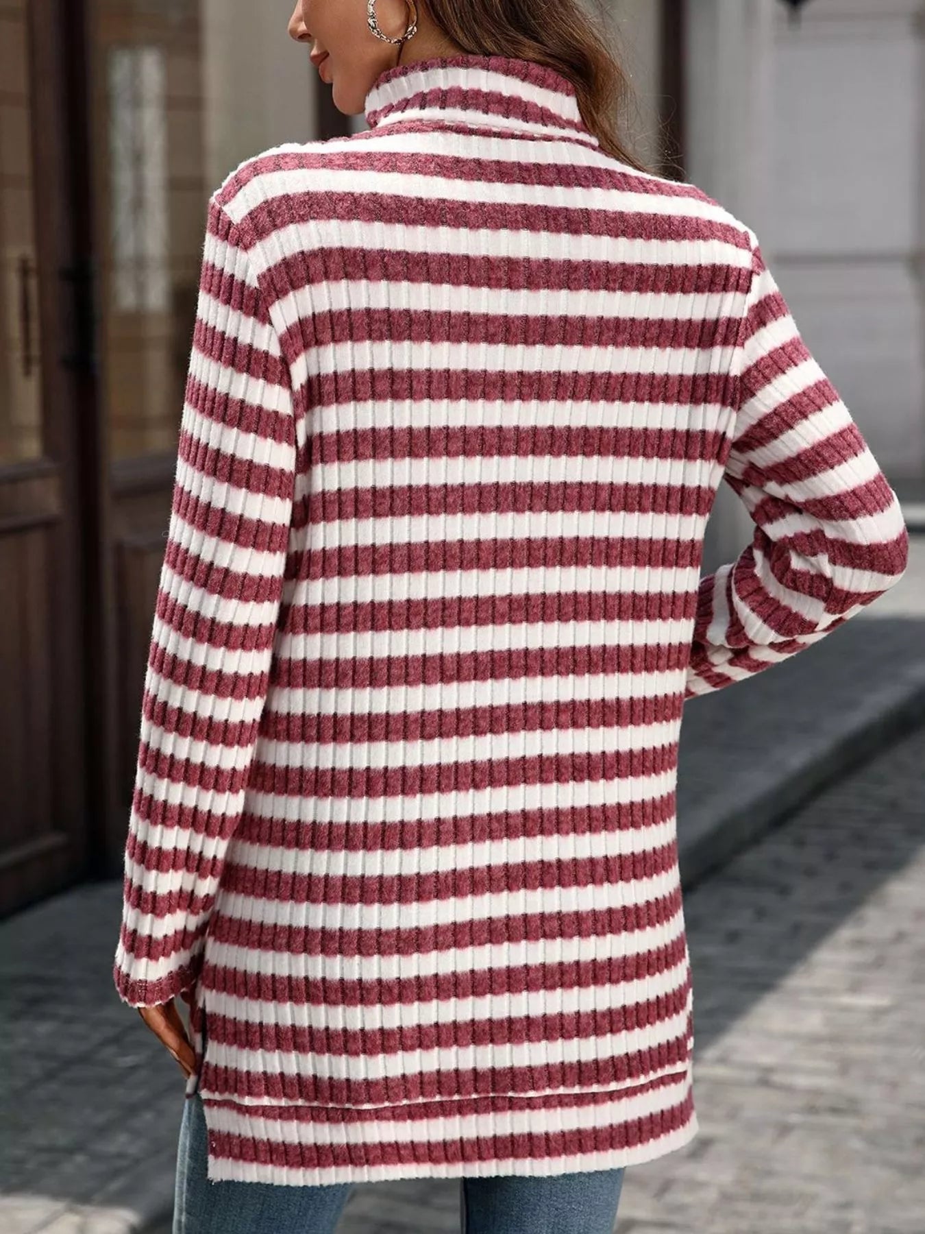 Striped Turtleneck Long Sleeve Knit Top 