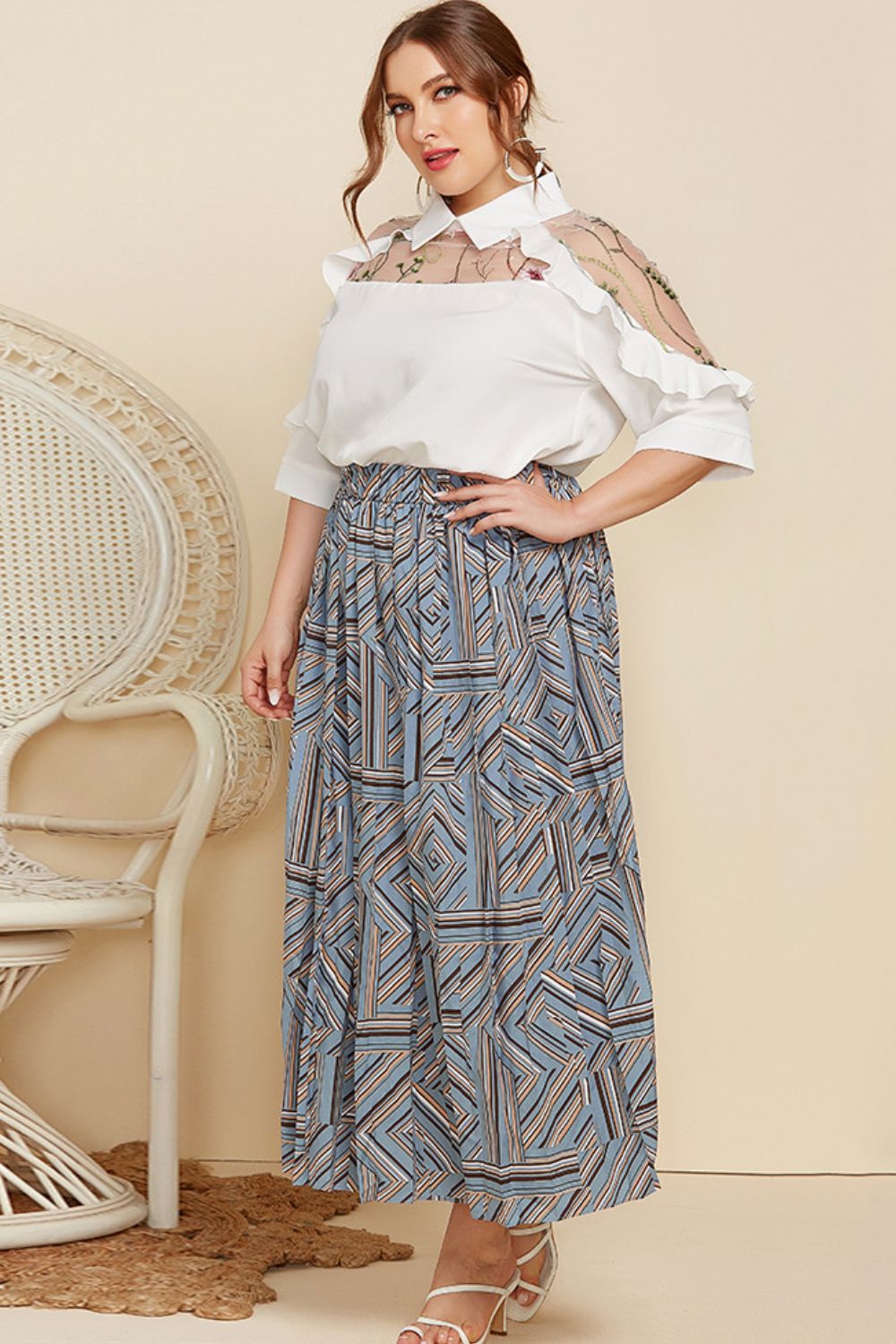Plus Size Embroidered Ruffle Trim Collared Half Sleeve Blouse 
