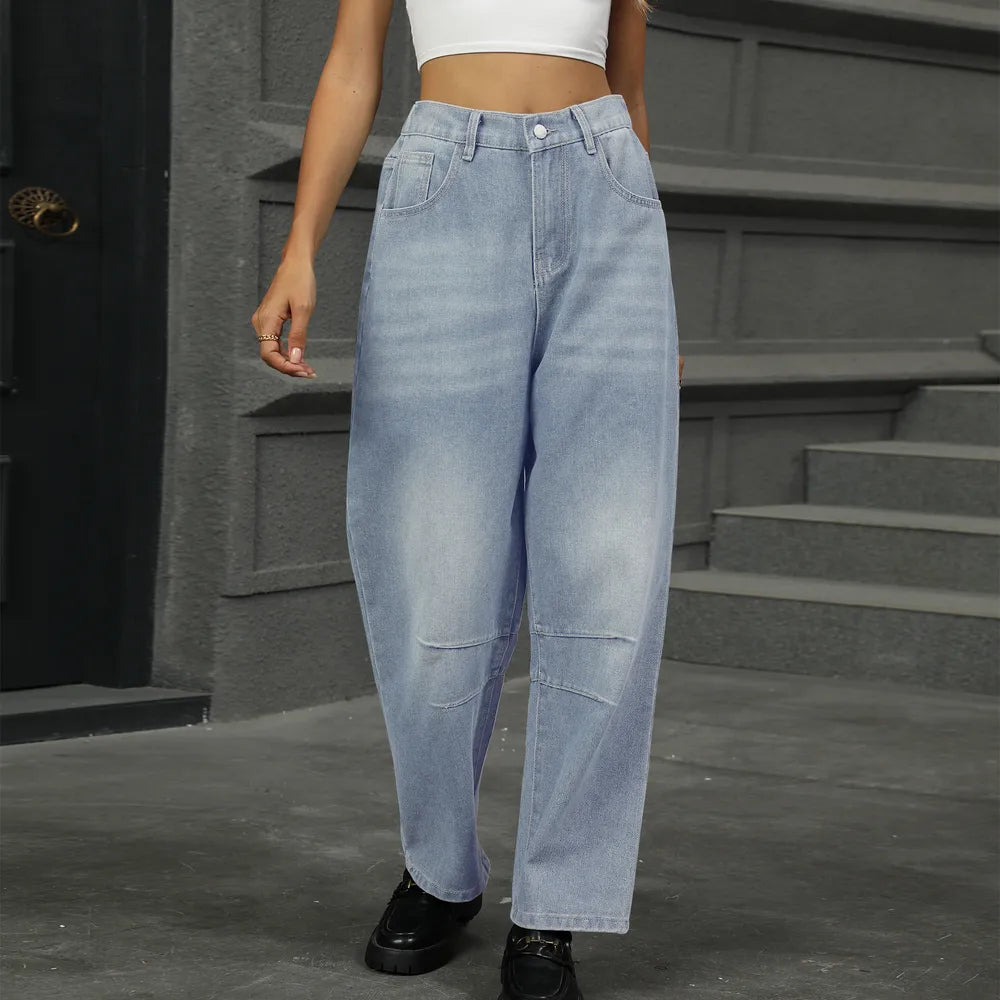 Half Elastic Waist Straight Leg Jeans 