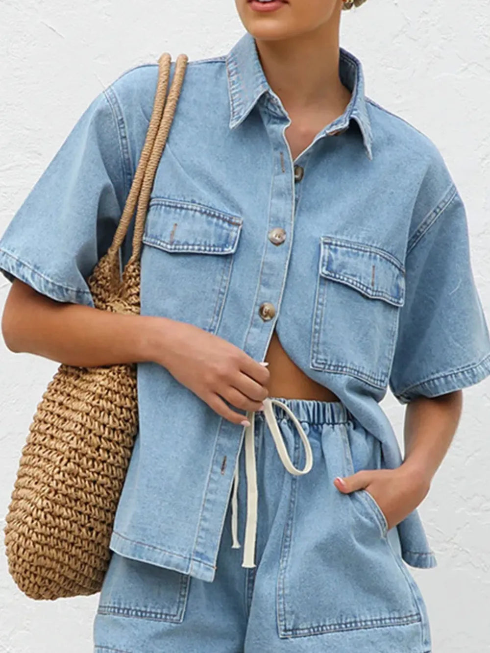 Button Up Half Sleeve Denim Shirt 