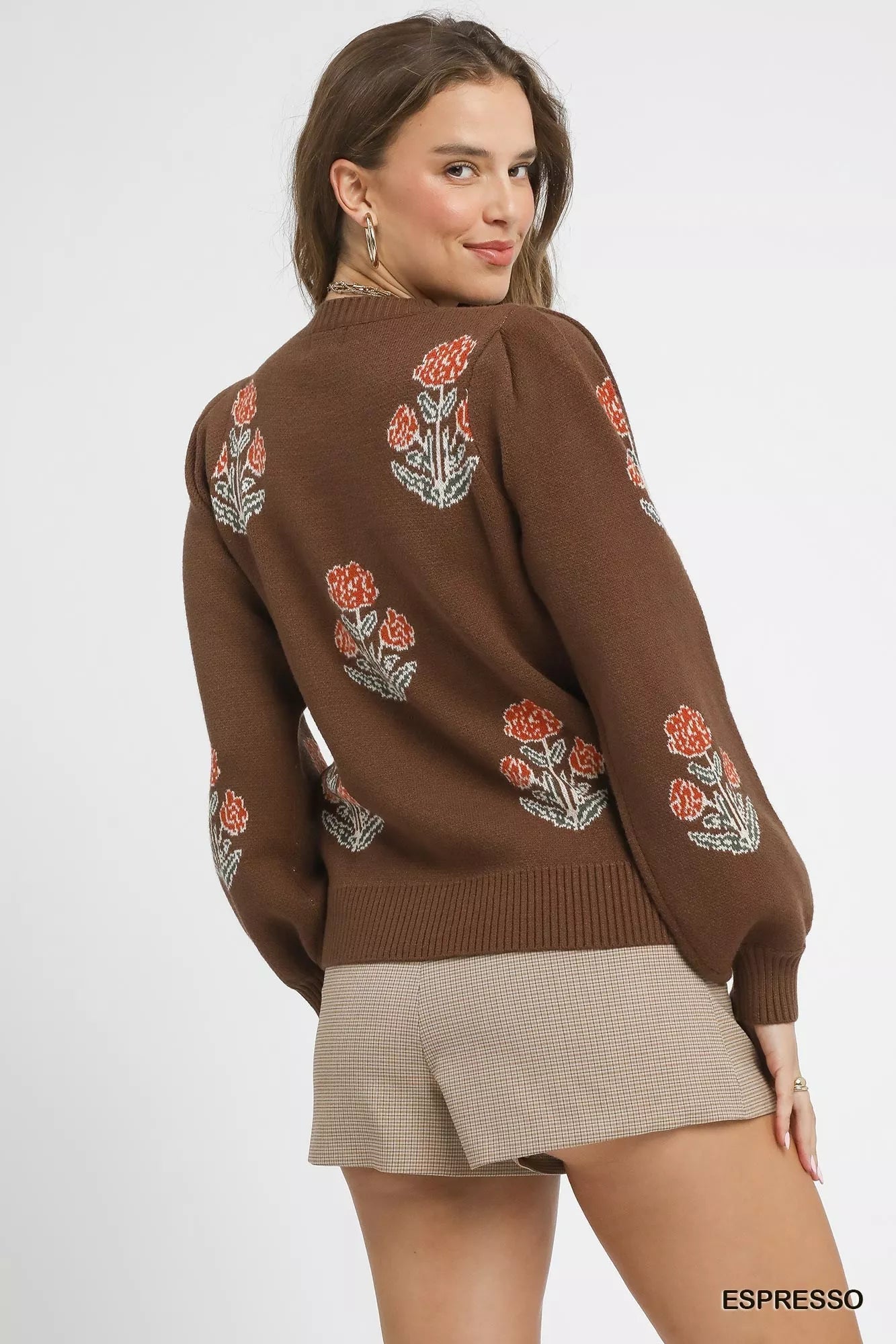 Umgee Floral Knit Sweater with Puff Sleeves 
