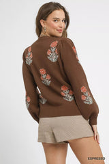 Umgee Floral Knit Sweater with Puff Sleeves 
