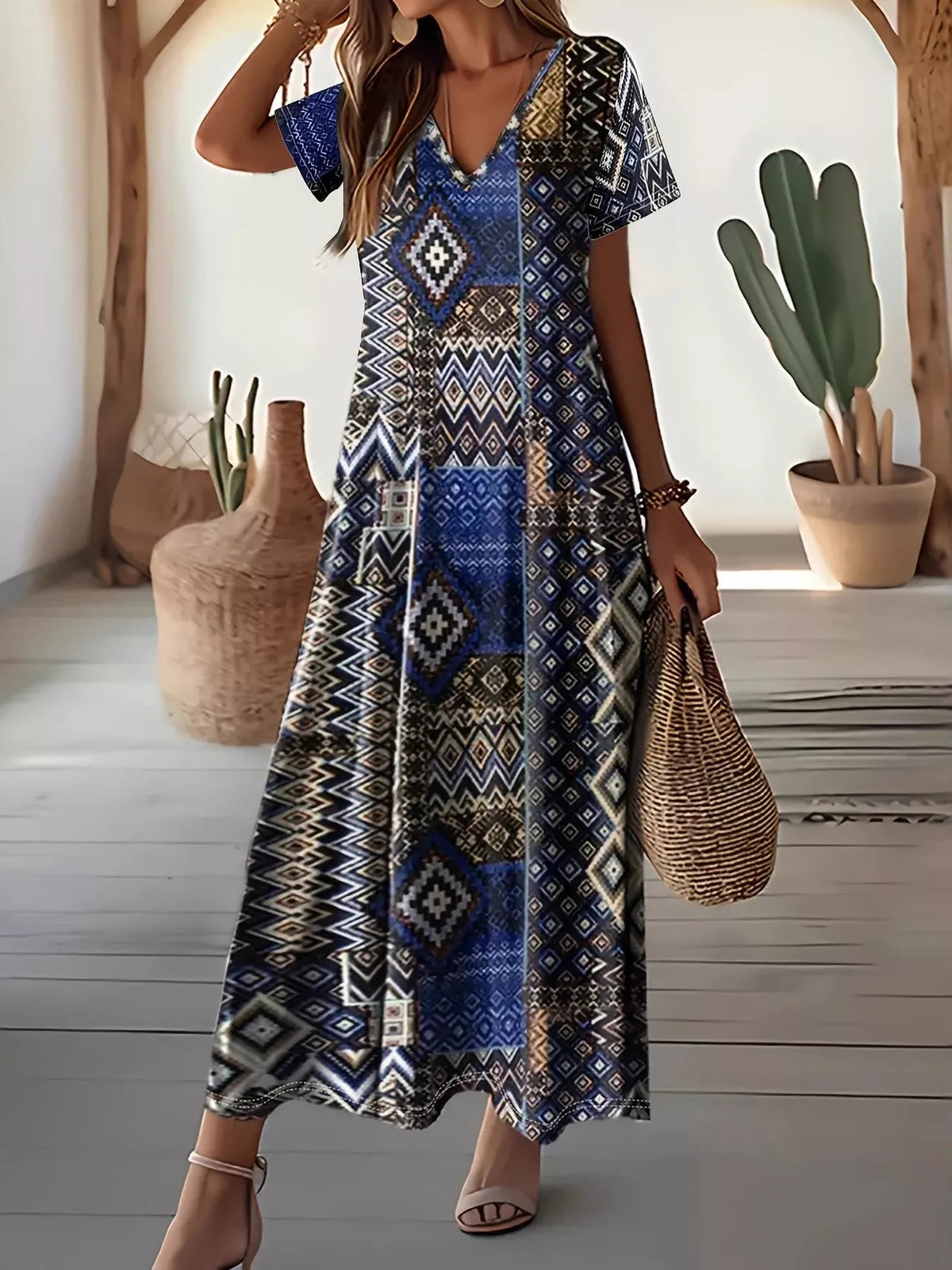 Plus Size Geometric Print V-Neck Short Sleeve Dress 