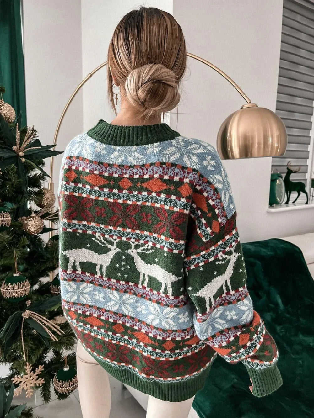 Geometric Round Neck Dropped Shoulder Sweater 