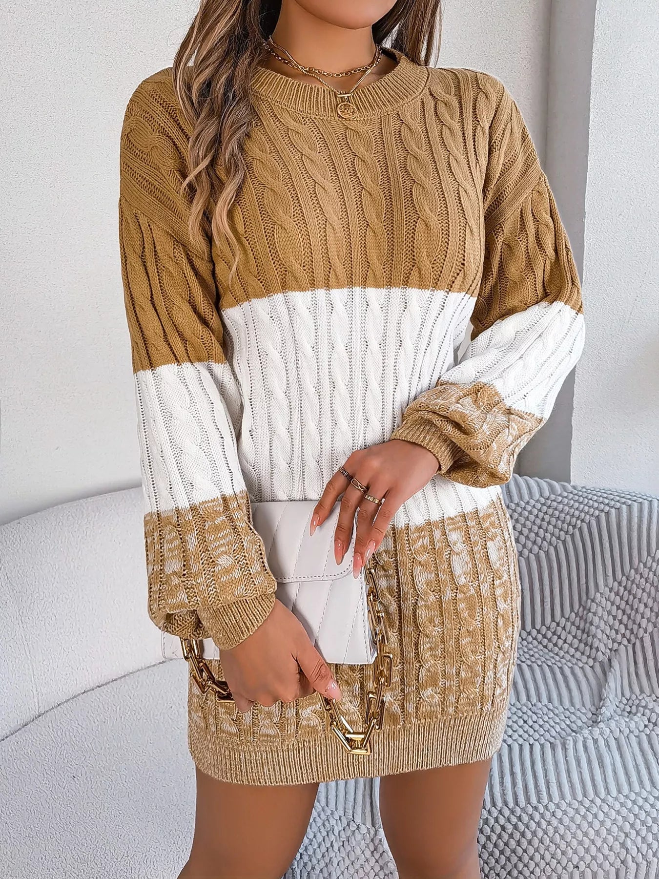 Color Block Cable Knit Sweater Dress with Textured Pattern 