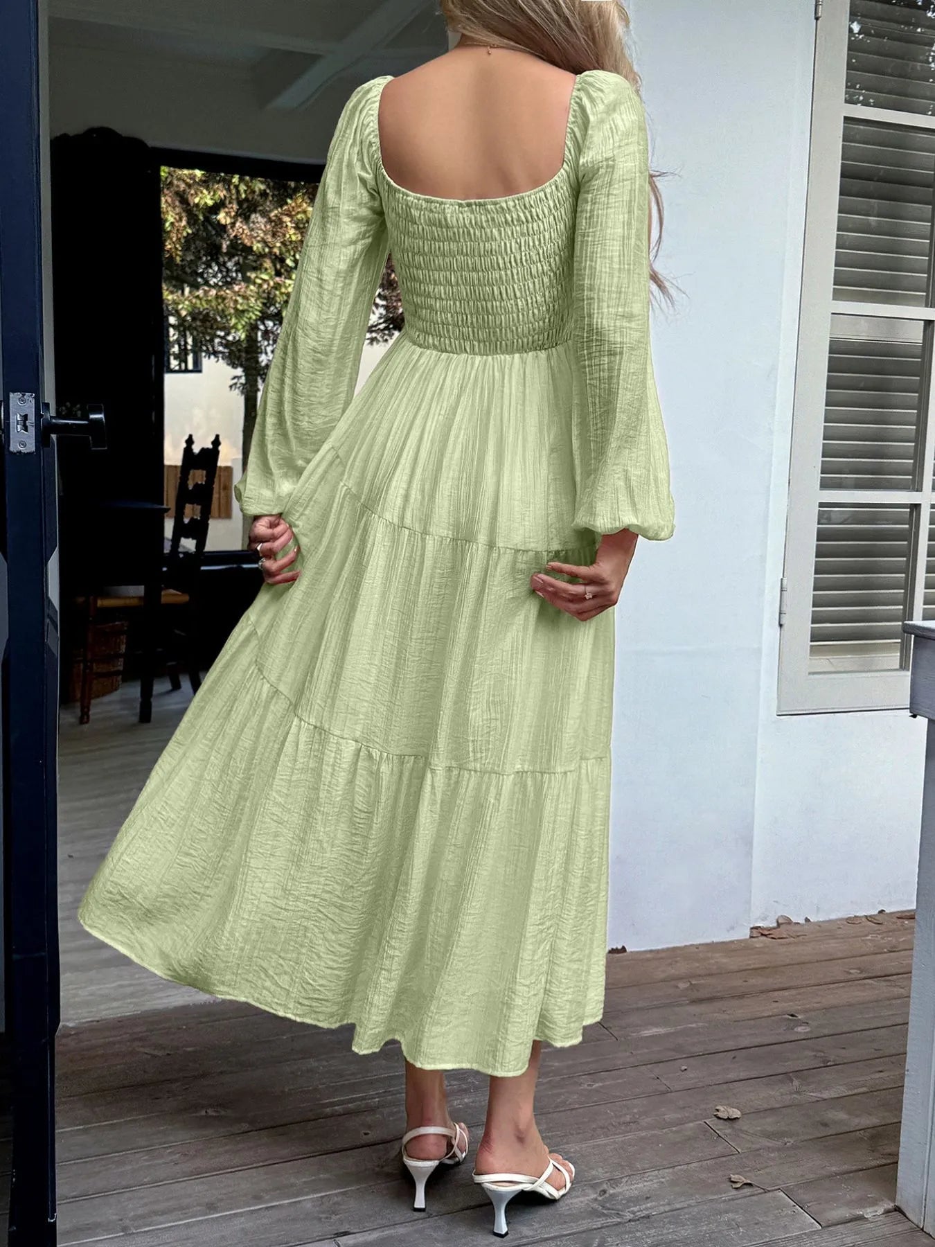 Tiered Balloon Sleeve Midi Dress 