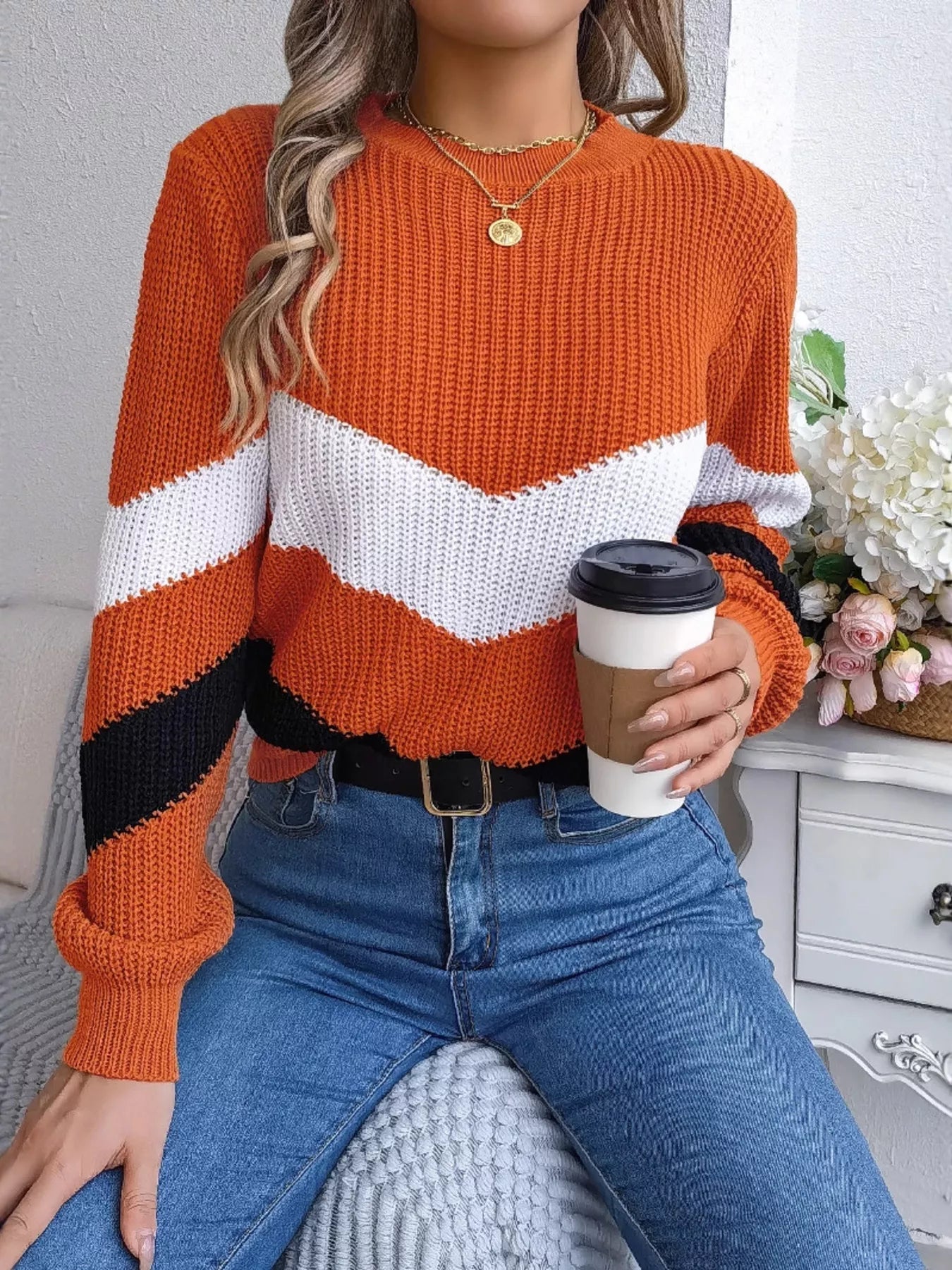 Chevron Stripe Color Block Round Neck Sweater 