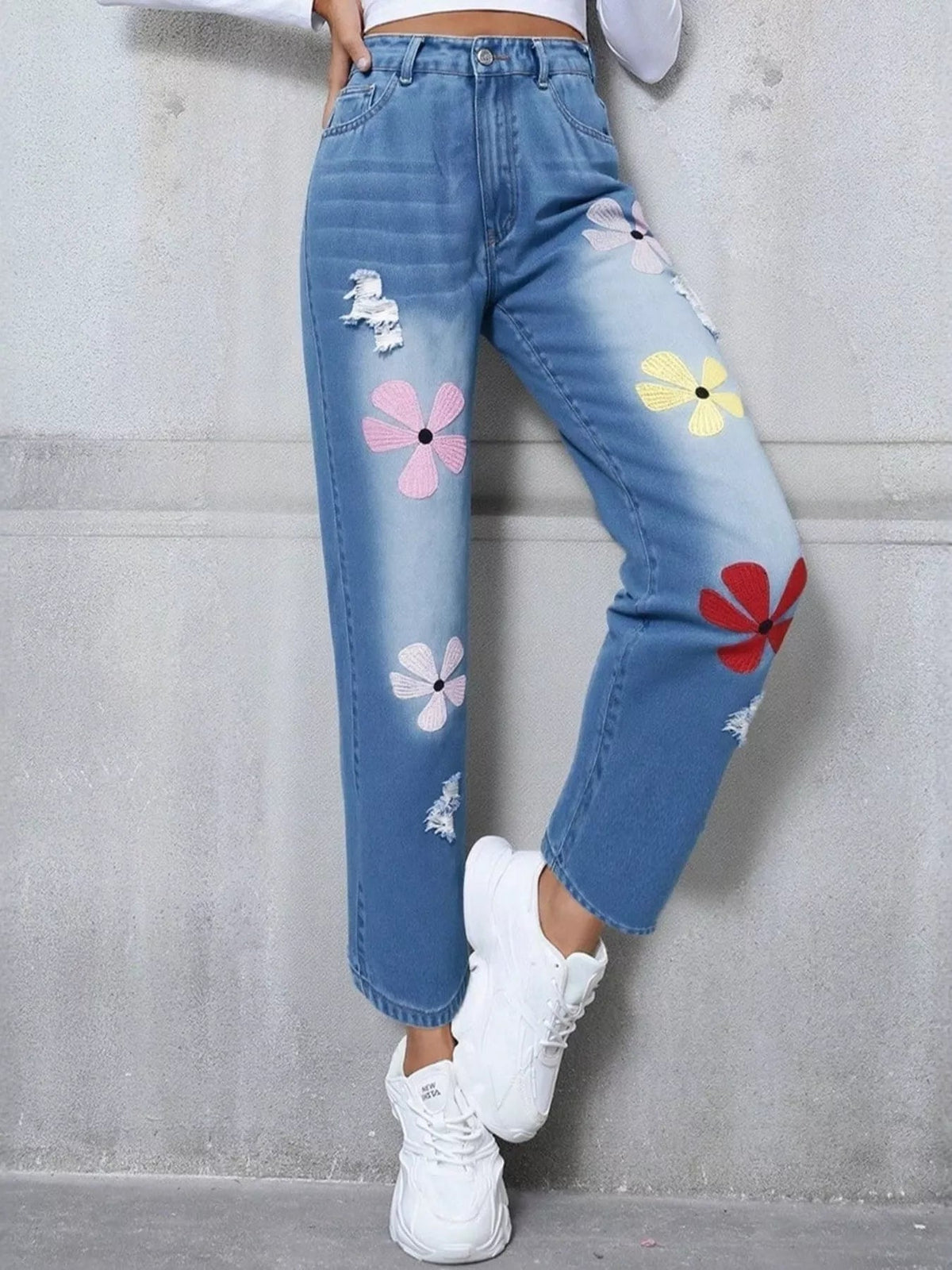 Floral Embroidered High Waist Distressed Jeans 