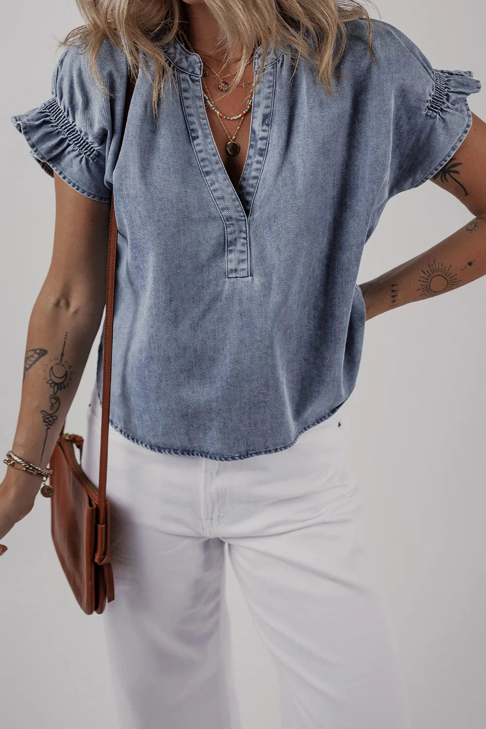 V Neck Ruffled Short Puff Sleeve Denim Top 