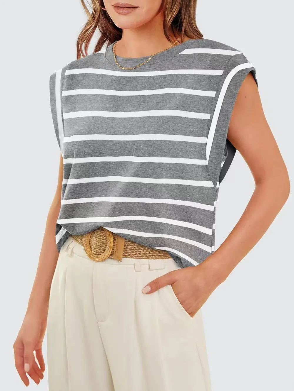 Striped Round Neck Cap Sleeve T-Shirt 