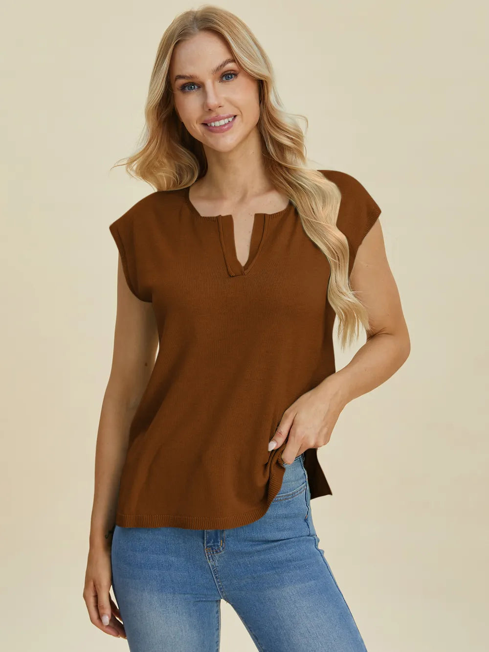 Double Take Full Size Notched Cap Sleeve Knit Top 