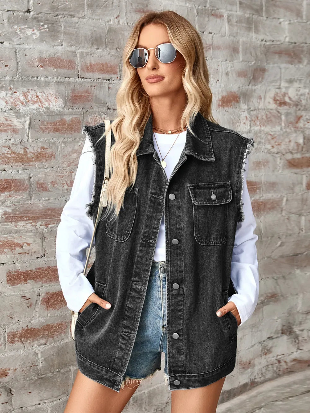 Raw Hem Sleeveless Button Up Denim Jacket 