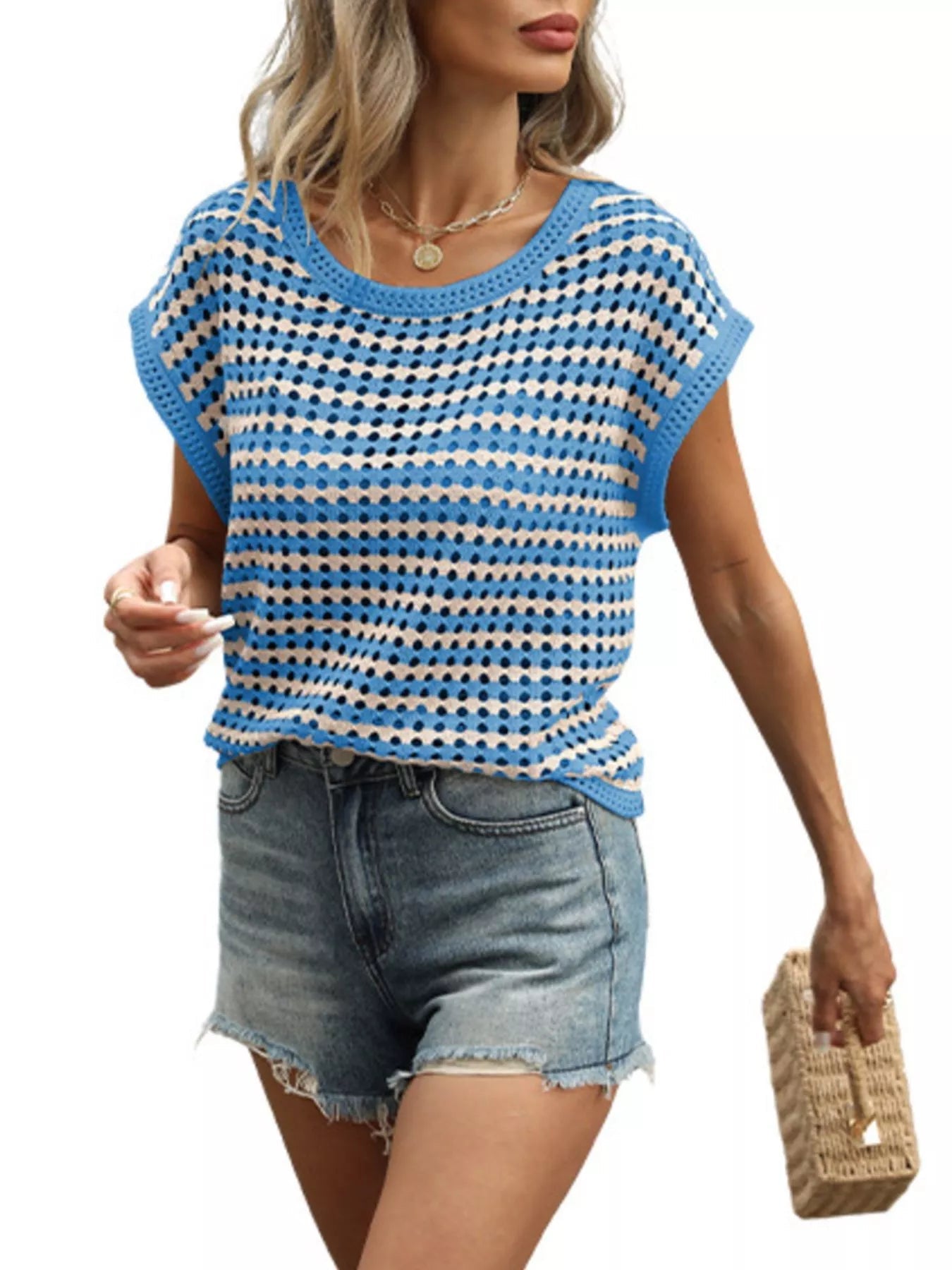 Striped Short Sleeve Crochet Knit Top 
