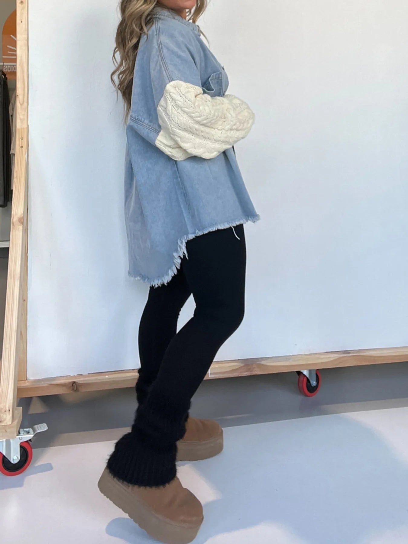Full Size Raw Hem Button Up Patchwork Denim Jacket Plus Size 