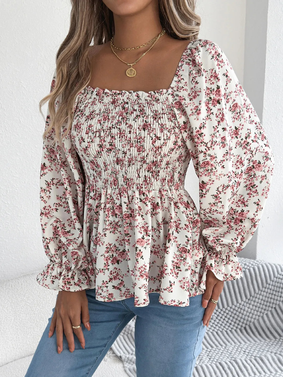 Floral Square Neck Flounce Sleeve Blouse 