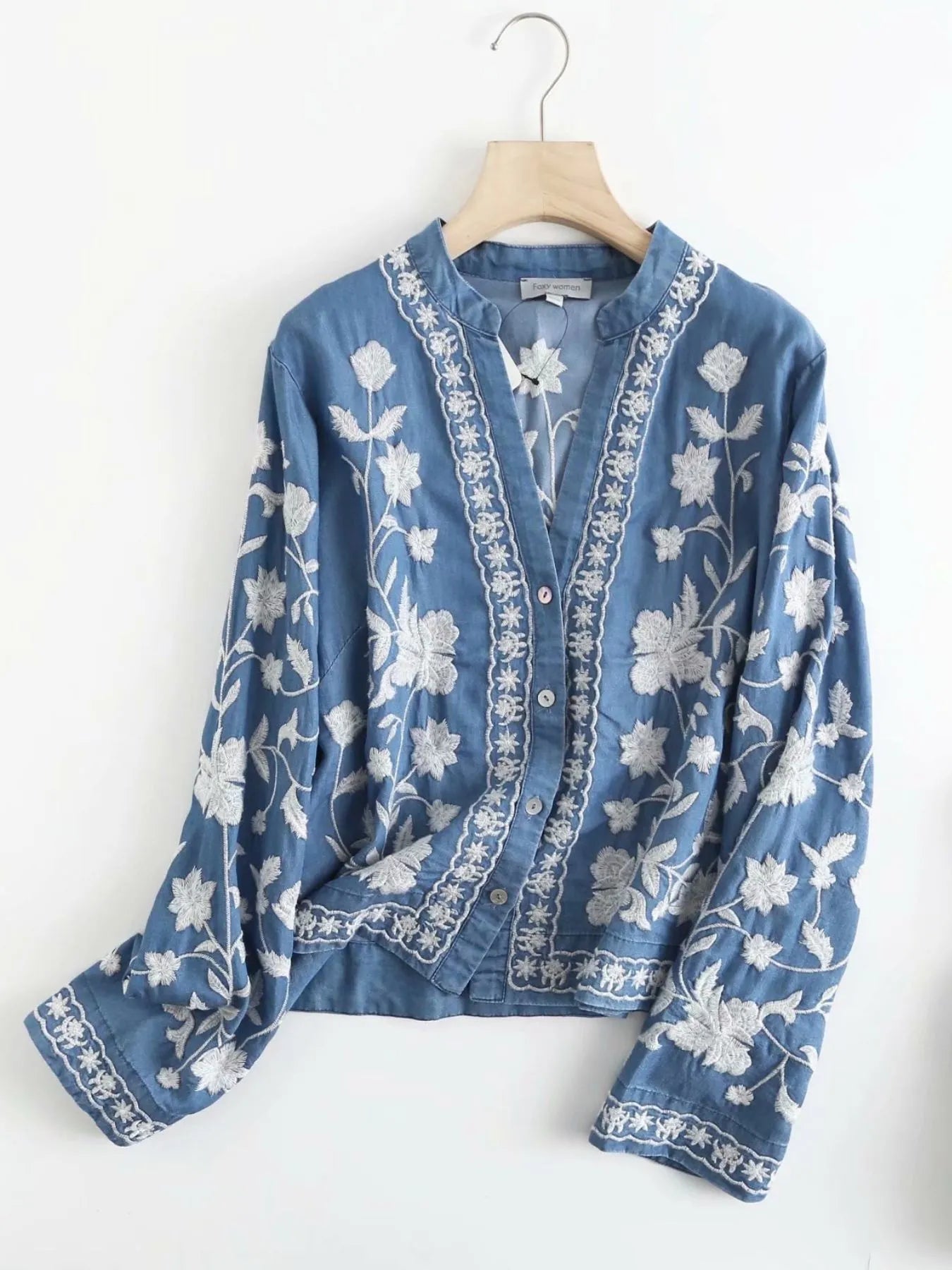 Floral Embroidered Button Up Denim Shirt 