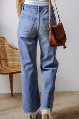 Distressed Straight Leg Jeans with Pockets 