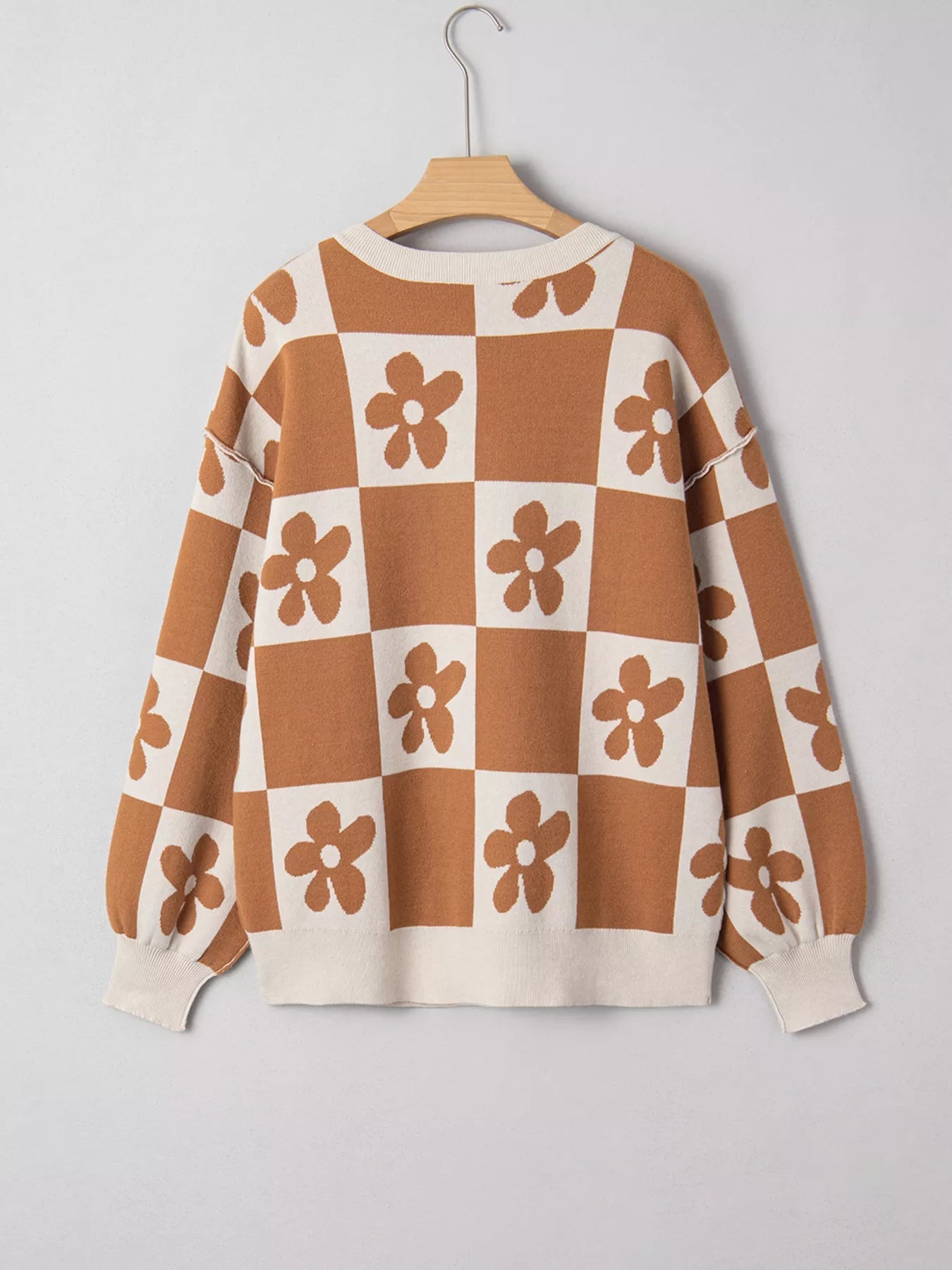 Flower Plaid Henley Baggy Sweater 